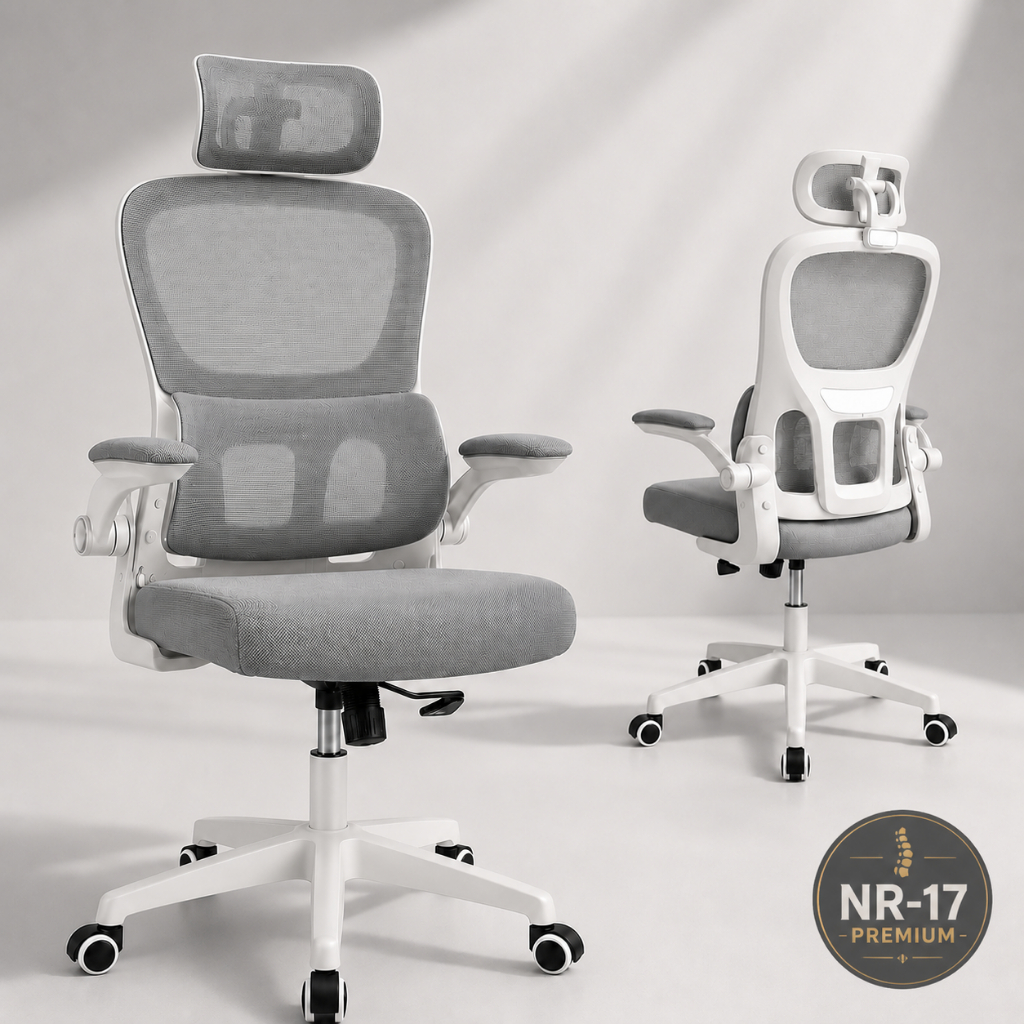 Cadeira Escritório Ergonômica Mesh Cinza Presidente NR17 Com Apoio Lombar 150kg Braço Retrátil