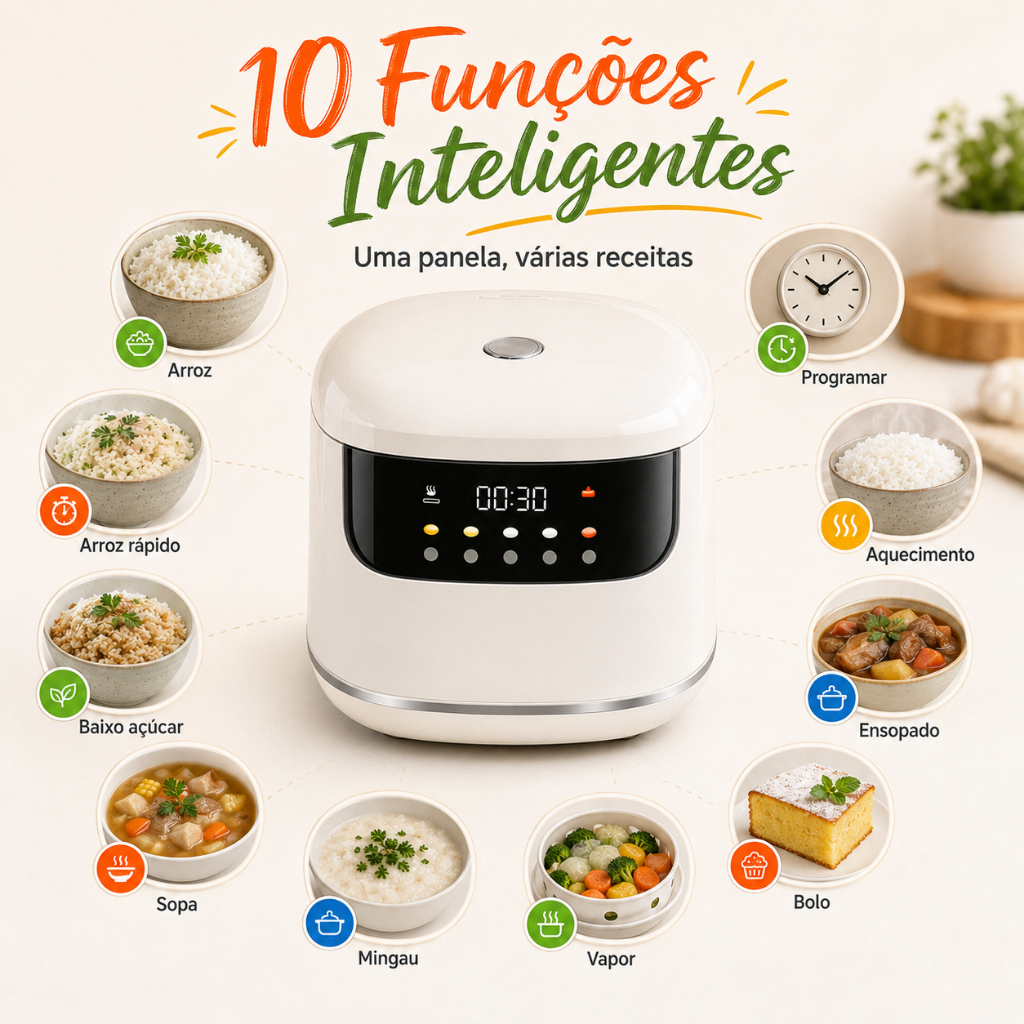 Panela Elétrica de Arroz 2L Multifuncional Inteligente 400W com 10 Funções, Arroz Rápido Vapor Bolo Mingau Sopa — imagem 2 de 2