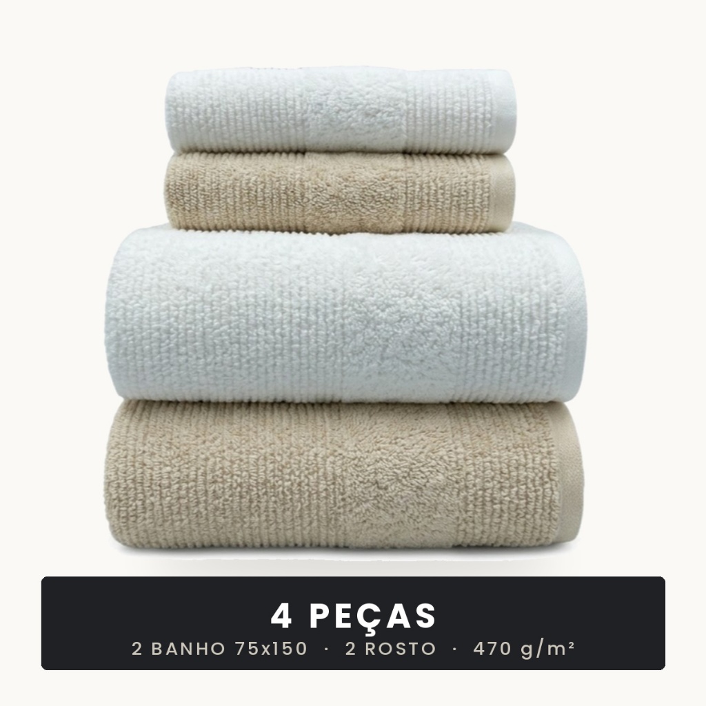 Jogo de Toalhas 4 Peças 2 Banho Banhão 75x150 + 2 Rosto 100% Algodão Felpuda Macia Absorvente Luxo