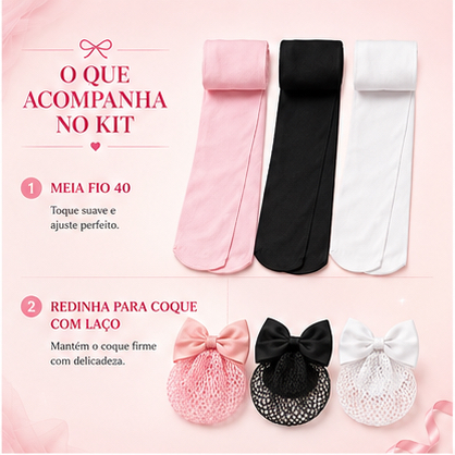 Kit Ballet Meia Fio 40 Redinha para coque com Laço Adulto Infantil Aulas Apresentações Dança Balé