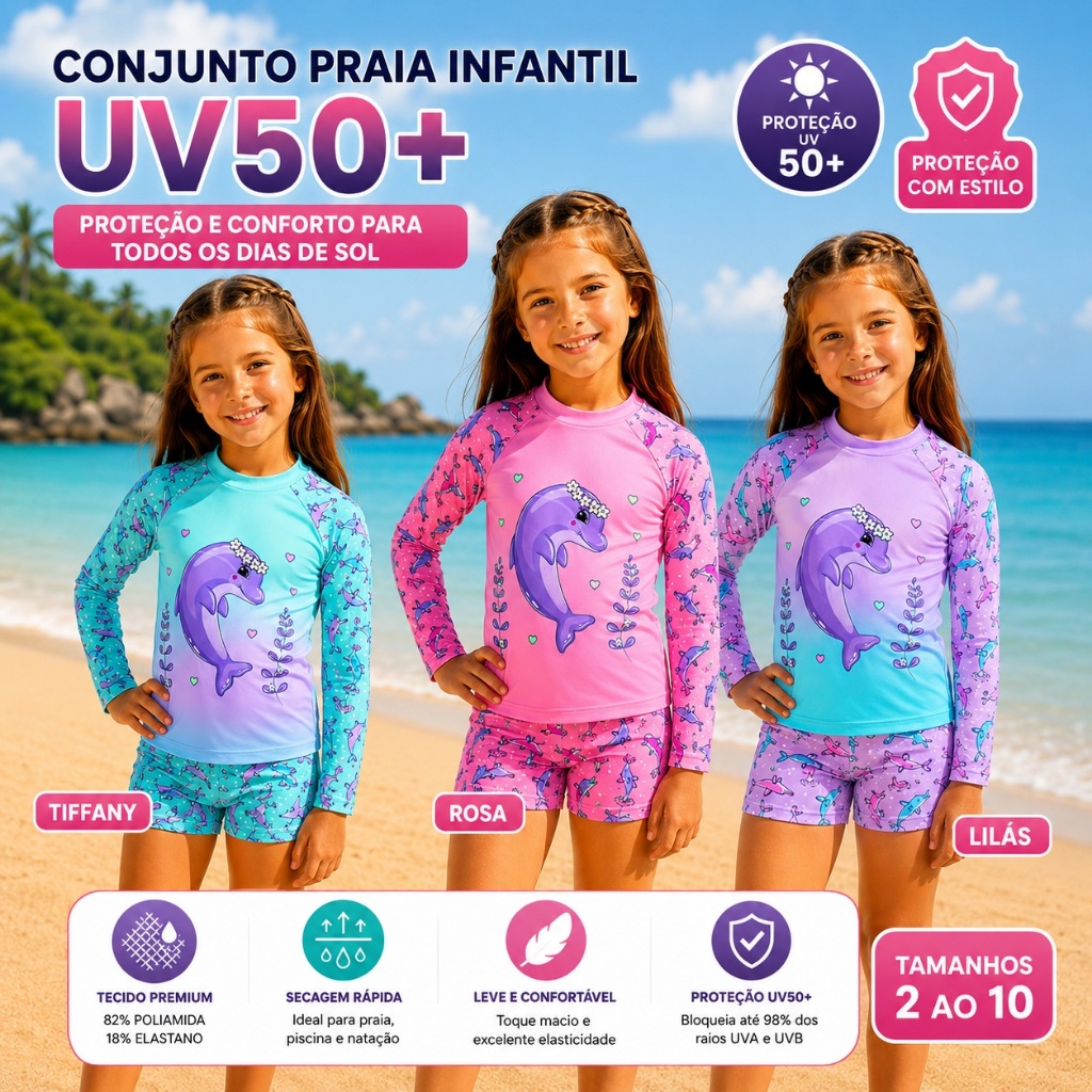 Biquini Infantil Menina Conjunto Praia Infantil UV50+ Menina Camisa Manga Longa + Short Proteção Solar