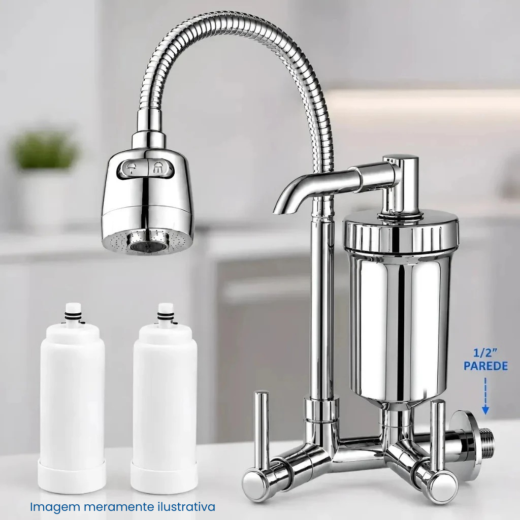 Torneira Com Filtro Com Purificador Agua Bica Flexível Gourmet para Cozinha Parede Luxo Chuveirinho 2 Modos de Jatos