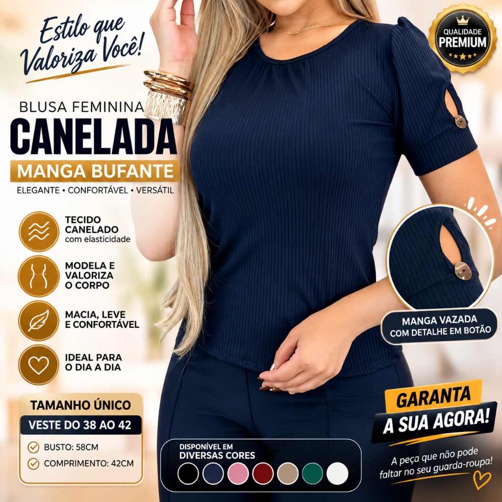 Blusa Feminina Canelada Manga Bufante Gola Redonda Casual Elegante Moda Feminina Tecido Premium com Elastano
