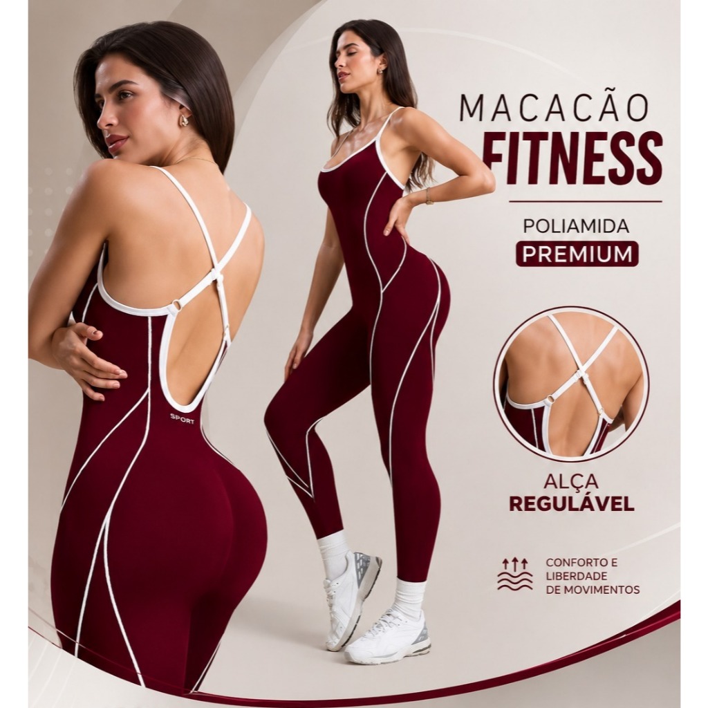 Macacão Fitness Feminino Vinho Poliamida Premium Alça Regulável Zero Transparência Academia Modelador