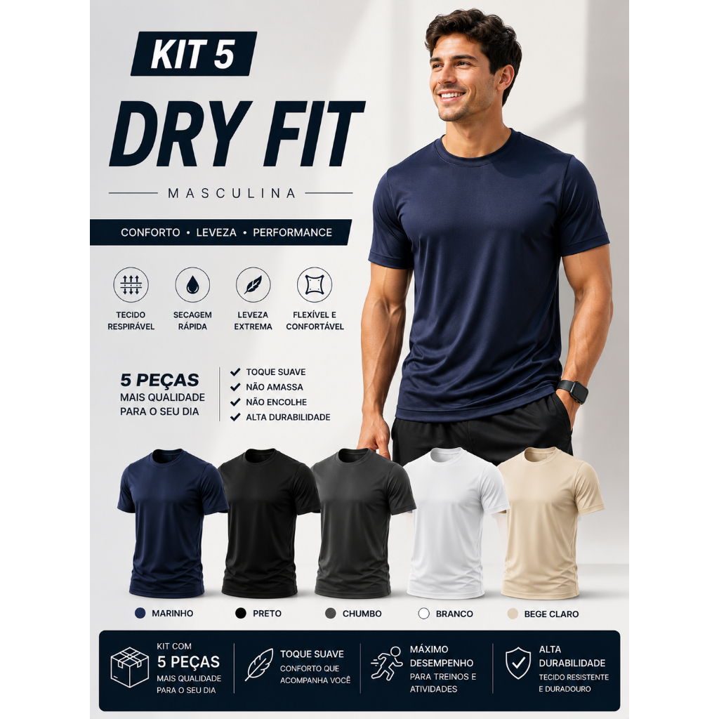 Kit 5 Camisetas Dry Fit Masculina Academia Fitness Corrida Caminhada Respirável Secagem Rápida