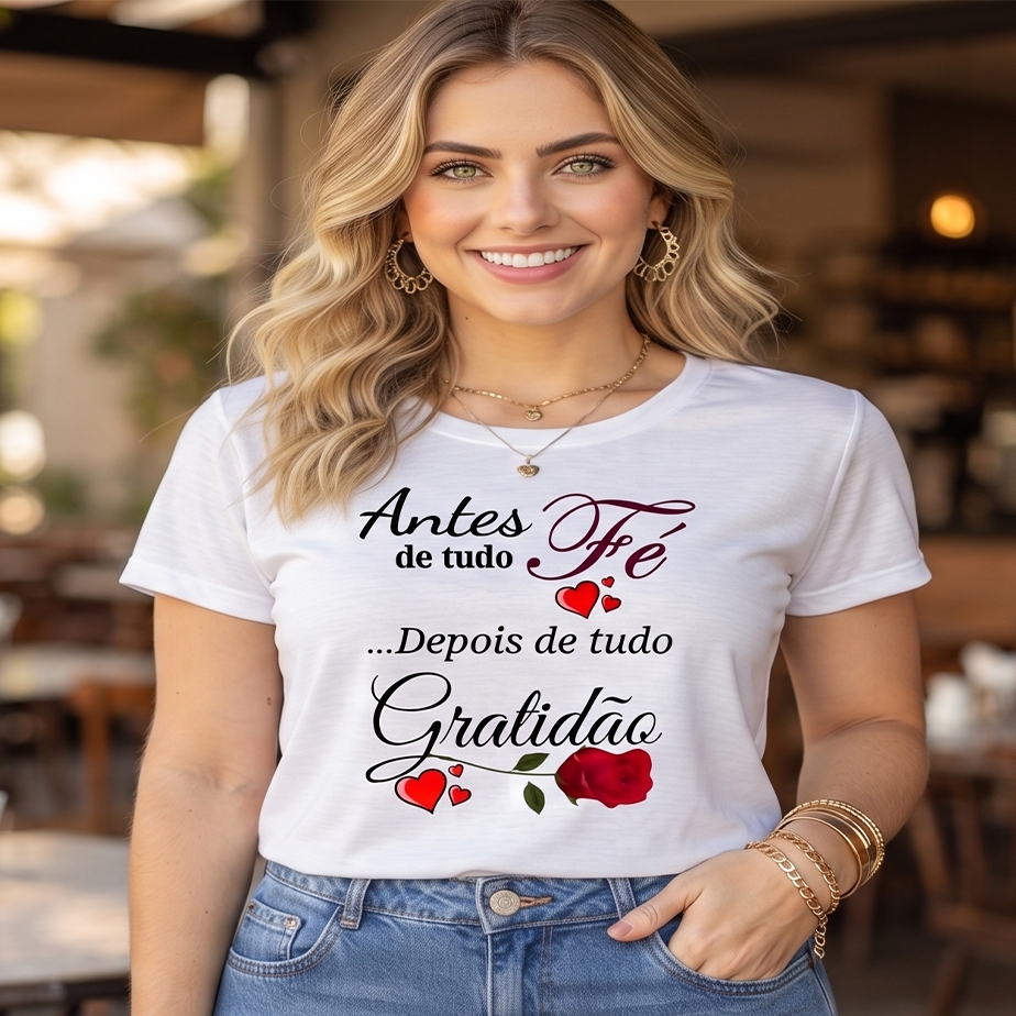 Camiseta UNISSEX Camiseta  Poliéster - Estampa Motivacional "Fé e Gratidão" - Várias Opções PERSONALIZADOS