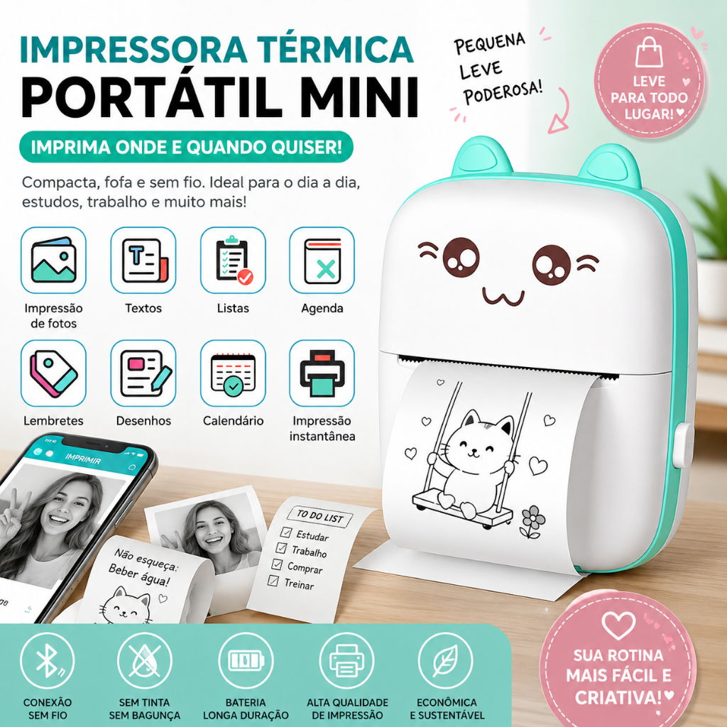 Mini Impressora Térmica Portátil: Imprima Fotos e Desenhos Animados Sem Fio para Android e iOS Orbitta