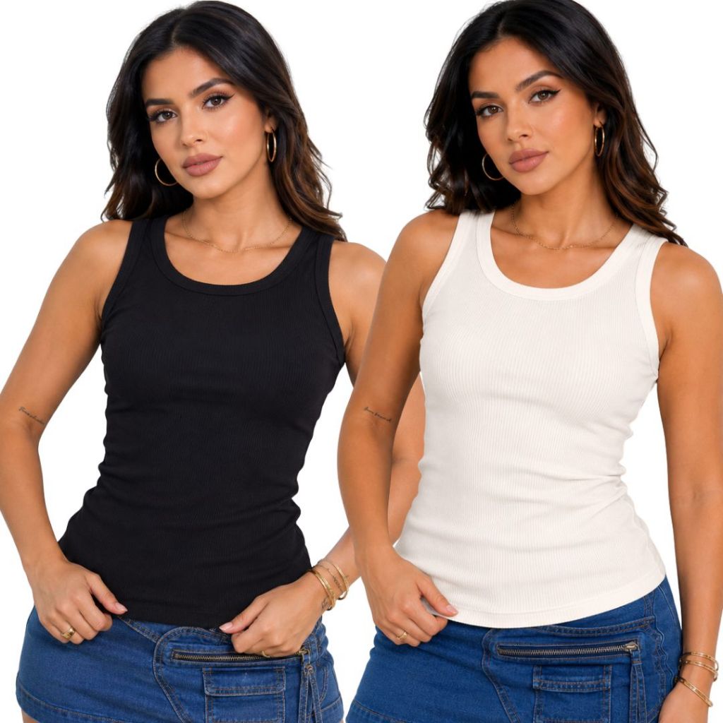 Kit 2 Regatas Feminina Lisas Básicas Tecido Canelado Ribanna 100% Algodão Gola Redonda