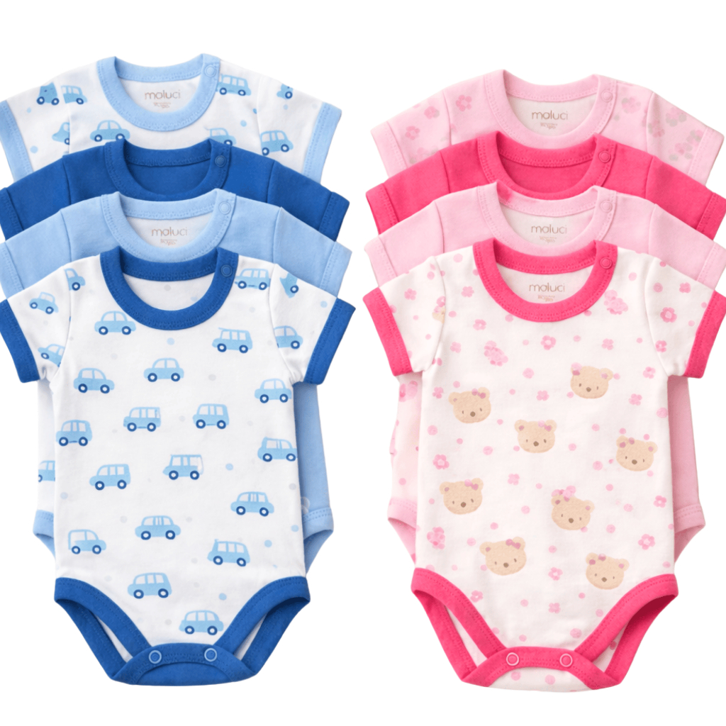 Kit 4 Body Bebê Menino Menina Malha Canelada Algodão Manga Curta Verão RN P M G Enxoval Recém Nascido