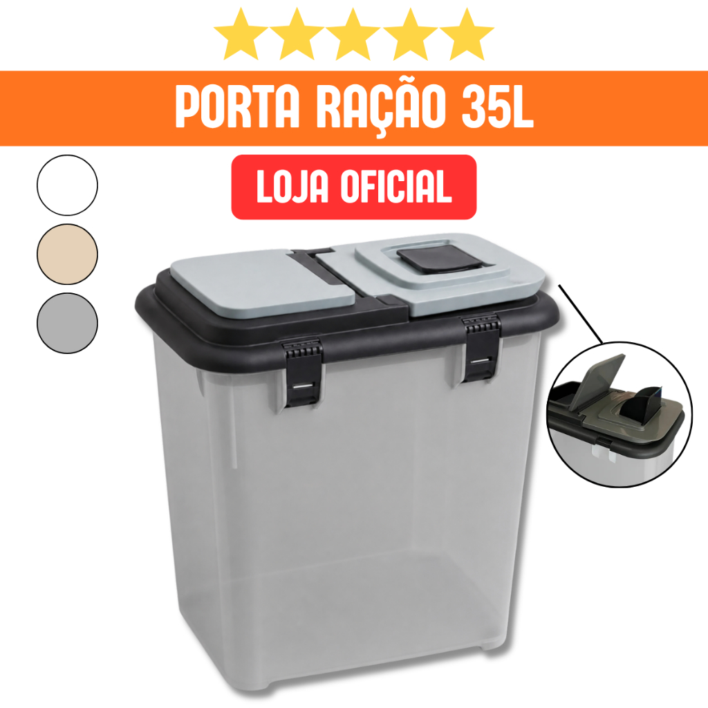 Container Porta Ração 35L Hermético | Até 15kg | Tampa Segura Armazenar Alimentos | Mec Pet