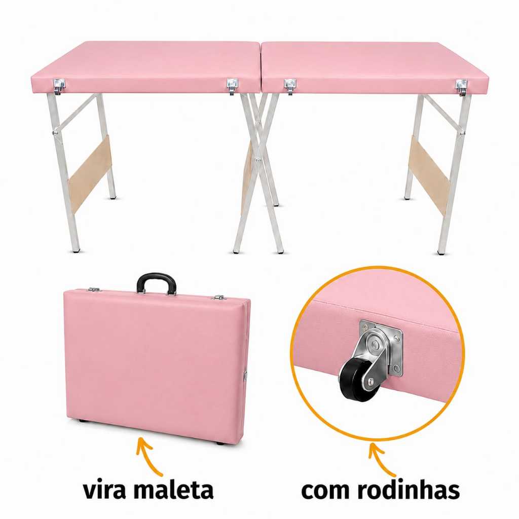 Maca Portátil Dobrável Rosa Profissional Suporta Até 230kg - Cílios Estética Massagem