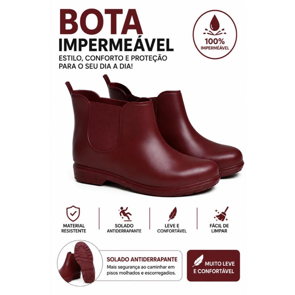 BOTA GALOCHA VERMELHO VINHO CONFORTAVEL IMPERMEAVEL PARA USO DIARIO ESTILOOSA