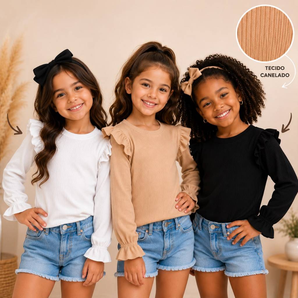 Blusa Infantil Feminina Canelada Manga Longa com Babado no Ombro 4 ao 10 Anos | Tecido Premium