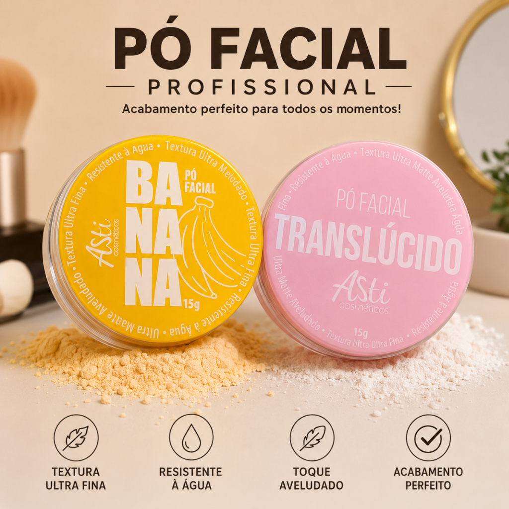 Kit Pó Facial Asti 15g Banana ou Translúcido Matte Sela Maquiagem solto compacto ultrafino makeup