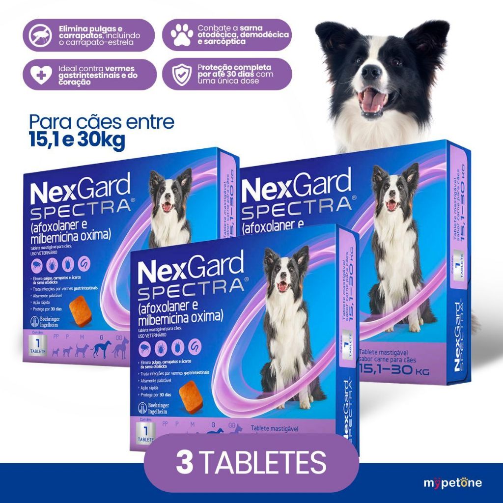 Kit 3 Antipulgas, Carrapatos e Vermífugo NexGard Spectra para Cães de 15,1 a 30 Kg - 1 Tablete