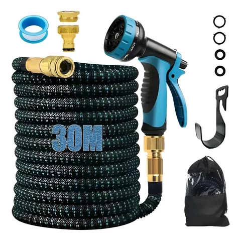 Mangueira De Jardim 30 Metros ExpansíVel Borracha Polyester ReforçAda Kit Completo Com Bico Esguicho Bolsa Suporte Alta