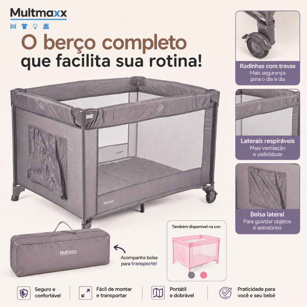 Berço Portatil Cercadinho Infantil Com Colchonete e Bolsa Cercado de Bebê Cercado com Rodinhas