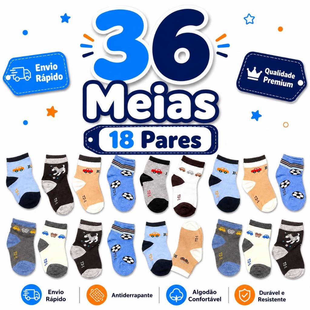 Kit 3 a 18 Pares Meias Infantis Masculinas Antiderrapantes Tamanhos 0 a 8 Confortáveis e Estampas Sortidas