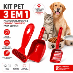 Kit Pá Pazinha Higiênica Coletora + Pá Dosadora + Escova Rasqueada Para Pentear Cachorro Gato