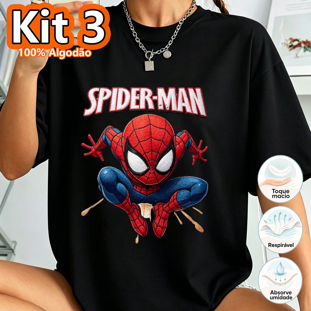 Kit 3 Camiseta Estampa Spider-Man Bordado Estilo Oversized 100% Algodão Preta Manga Curta Feminina