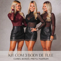 Kit 3 Body de Tule Feminino Transparente Manga Longa Tamanho Único Moda Blogueira
