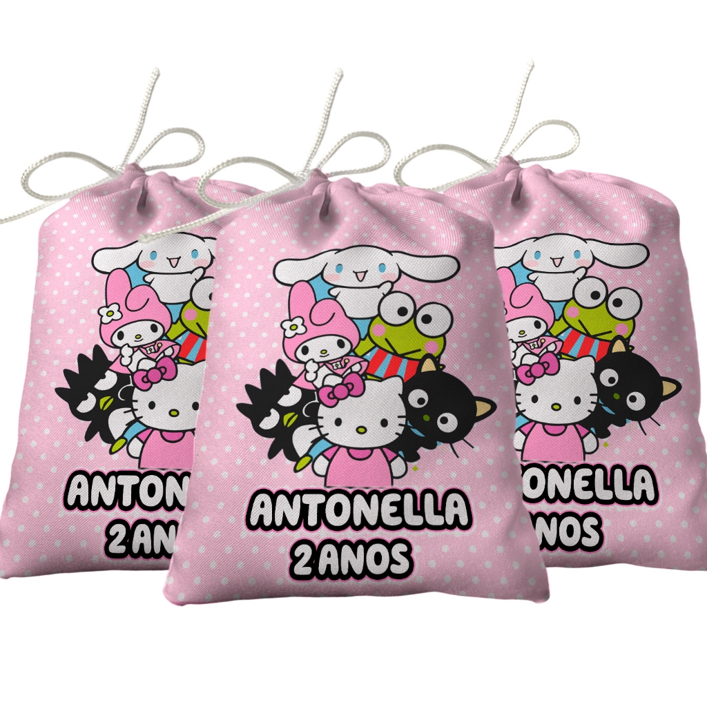 Sacolinha Lembrancinha Festa Aniversário Surpresa Tecido Personalizado Hello Kitty e Amigos