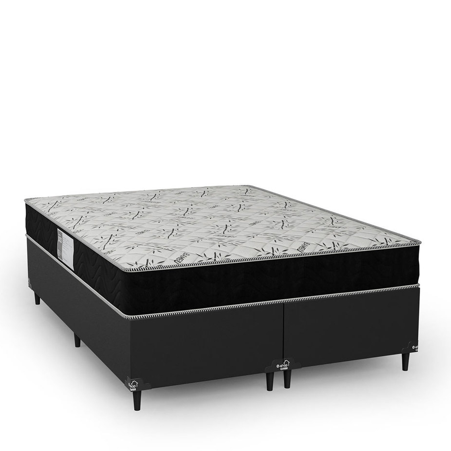 Cama Box Casal Bipartido Couro Preto + Colchão D33 One Face Suede Preto - e-Shop Casa