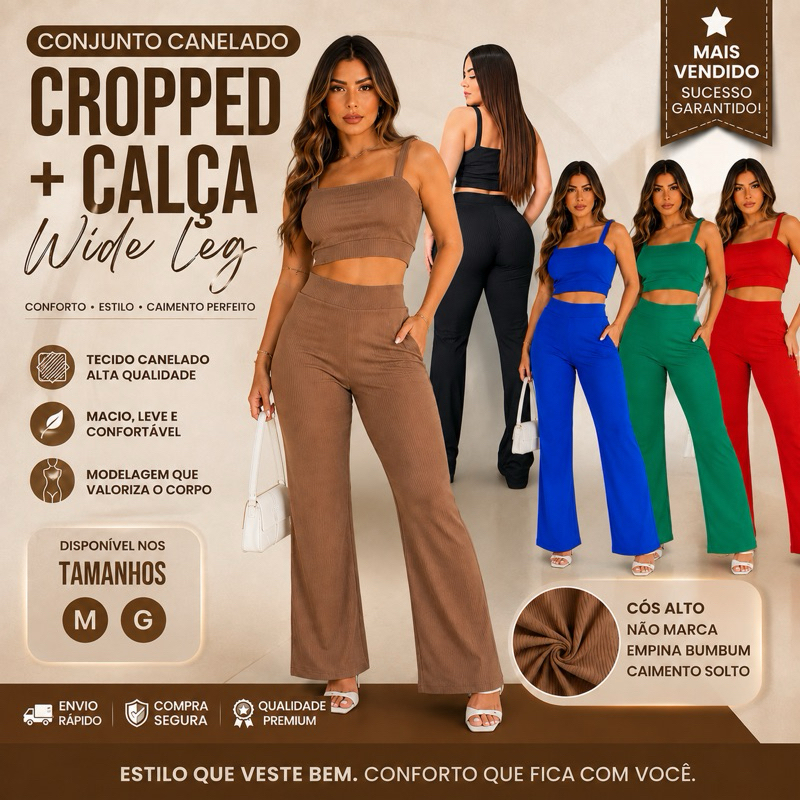 Conjunto Feminino Verão Canelado Cropped e Calça Pantalona Cintura Alta Elegante Casual Moda Blogueira