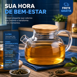 Chaleira de Vidro 1 Litro com Coador Tampa de Bambu Premium Resistente a Calor Fogo Bule infusor