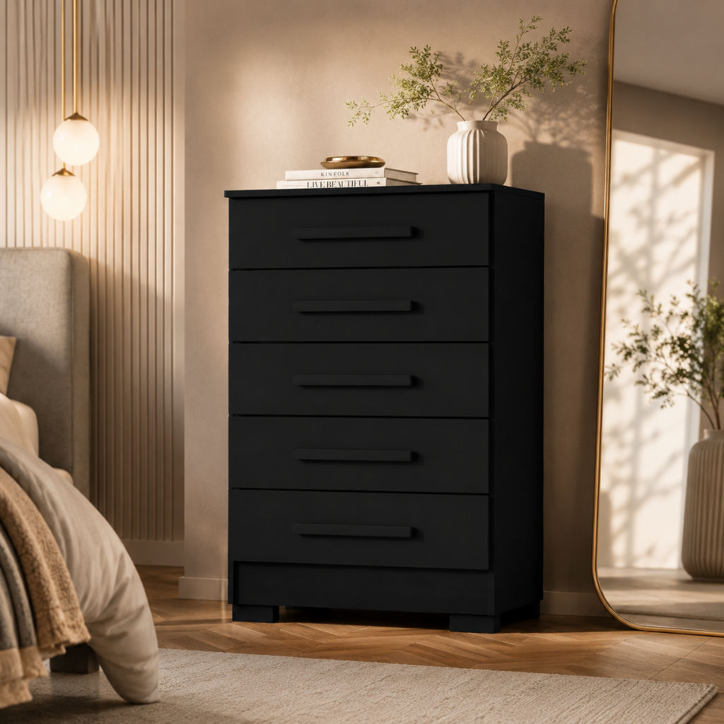 Cômoda MDP 5 Gavetas Preta Com Puxador Para Quarto Decoração Closet Gaveteiro Alto Organizador