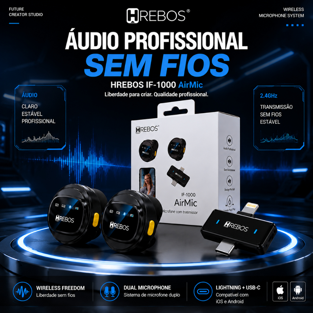 Microfone Lapela Sem Fio HREBOS-IF-1000 – Kit com 2 transmissores, Para Gravar Vídeos em Celular iOS/Android