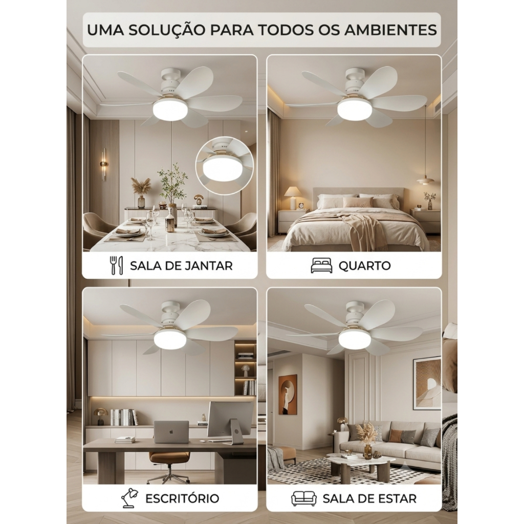 Ventilador de Teto Lampada E27 6 Hélices 3 Velocidade Controle Remoto Luz Led Silencioso Econômico