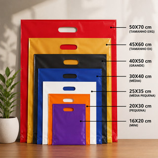 100 Sacolas Plásticas Boca de Palhaço Alça Vazada 16x20 20x30 25x35 30x40 Coloridas Resistentes para Lojas e Presentes
