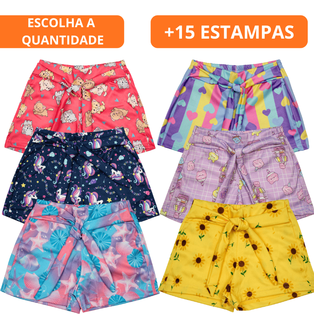 Kit Shorts Infantil Menina Bermuda verão infantil dia estampas coloridas Crepe Conjunto Sortida