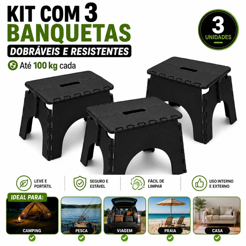 Kit 3 Banquetas Banquinhos Dobráveis de Plástico até 60kg para Camping Pesca Viagem Praia