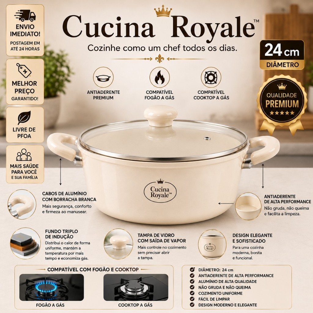 Panela Caçarola Cerâmica Premium 24cm Antiaderente cor bege linda. Com Tampa,Cucina Royale moderna
