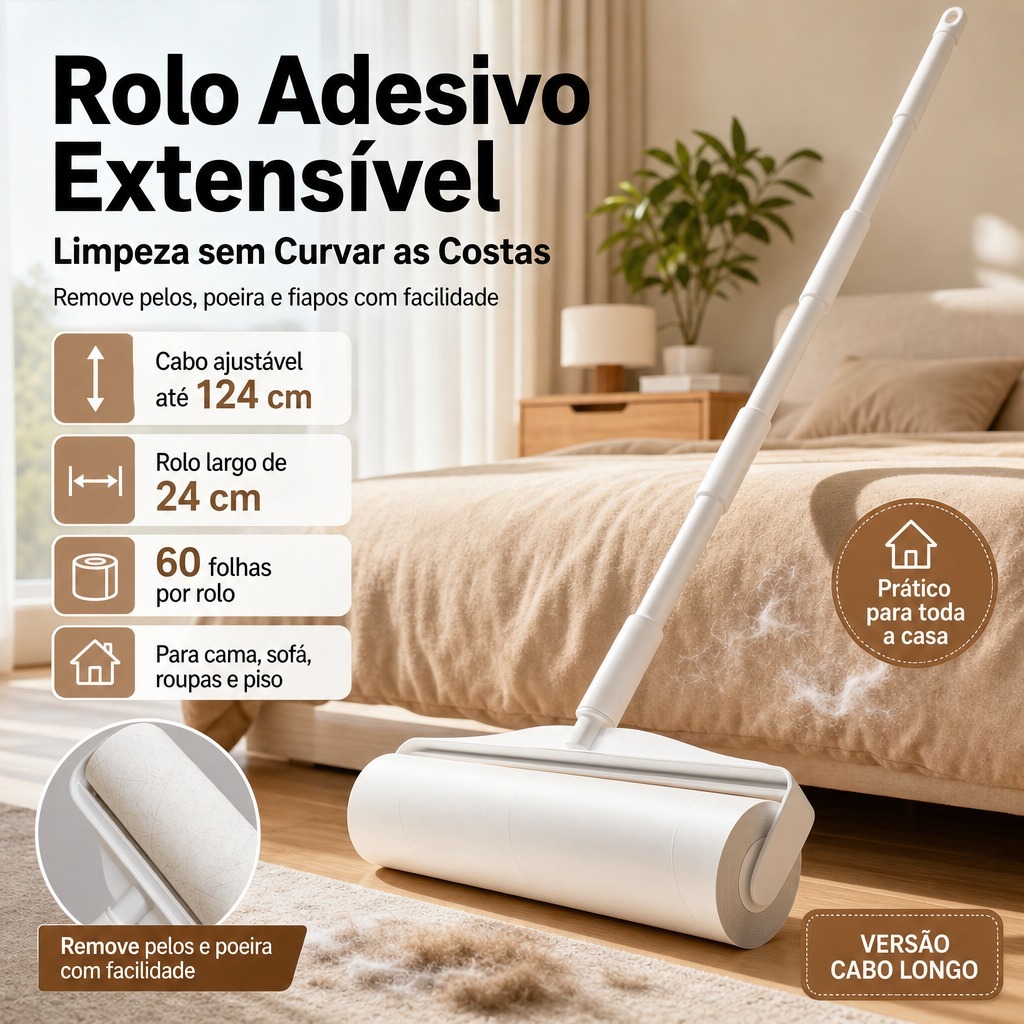 Rolo Adesivo Tira Pelos Lavável Cabo Telescópico 124cm Extensível Grande Limpeza de Chão Tapete Sofa