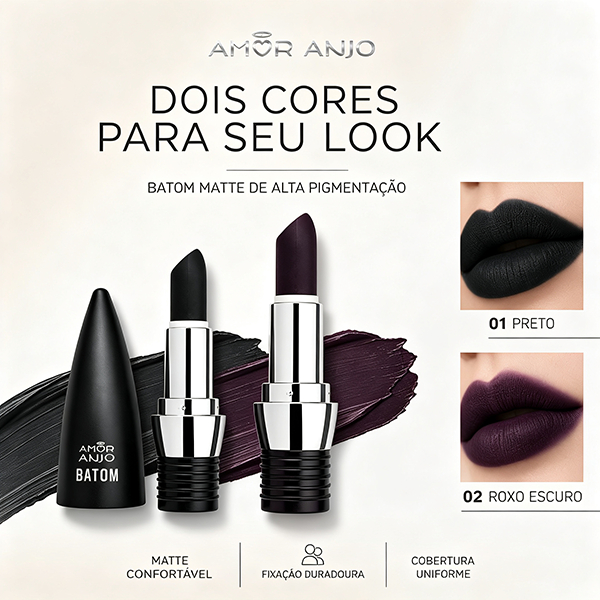 Batom Matte Preto e Roxo - Ideal para Estilos Gótico, Halloween e Cosplay, À Prova D'água