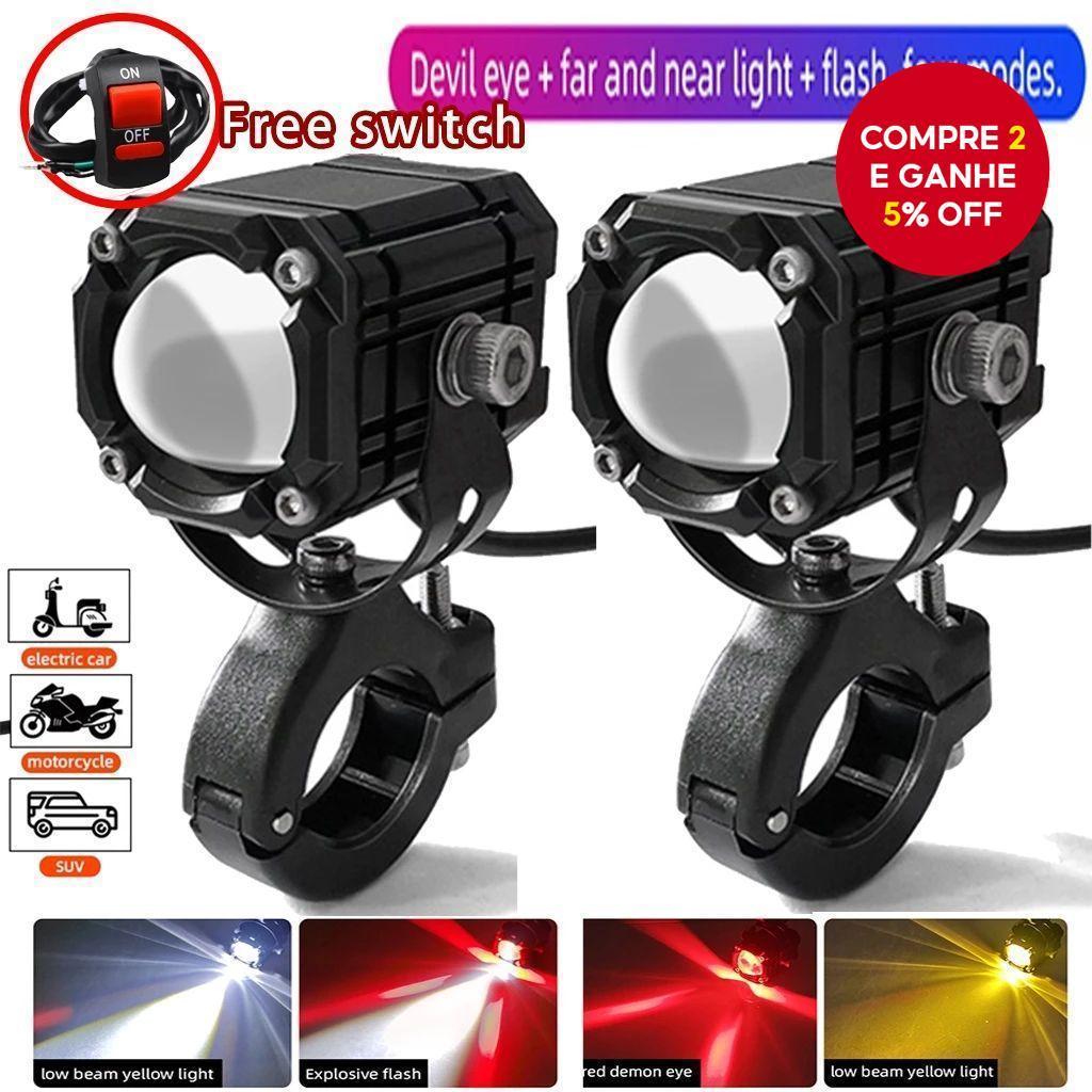 Farol Auxiliar LED para Moto 2 Peças Mini Projetor Dupla Luz Branca Amarela com Switch 4 Modos de Flash Impermeável