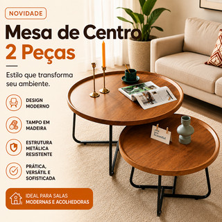 Mesa de Centro 2 Peças Redonda, Tampo Madeira, Estrutura Metálica, Fácil Montagem para Sala Estilo Moderno