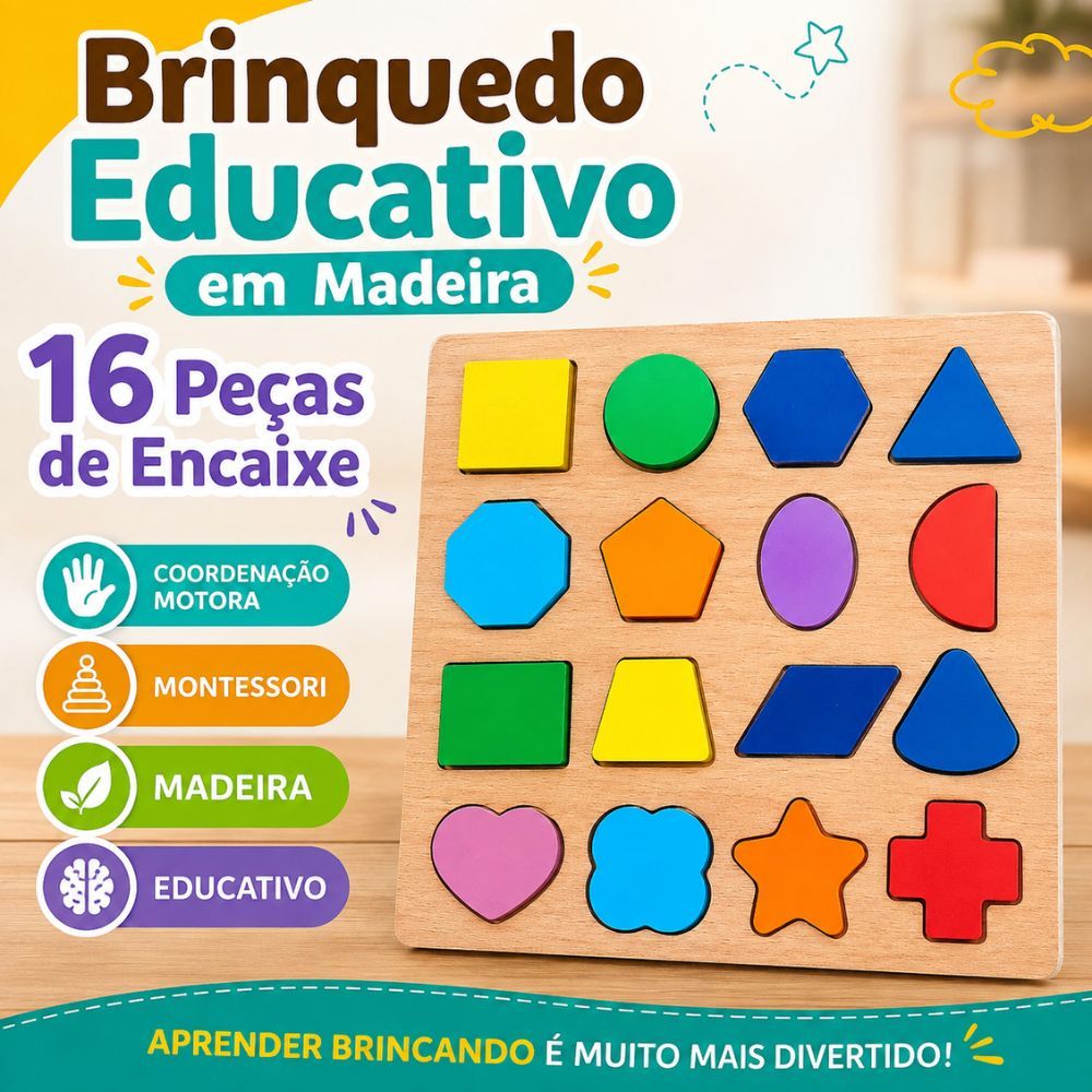 Brinquedo Educativo Infantil Madeira Encaixe Formas Geométricas e Números Montessori Coordenação Motora 16 Peças