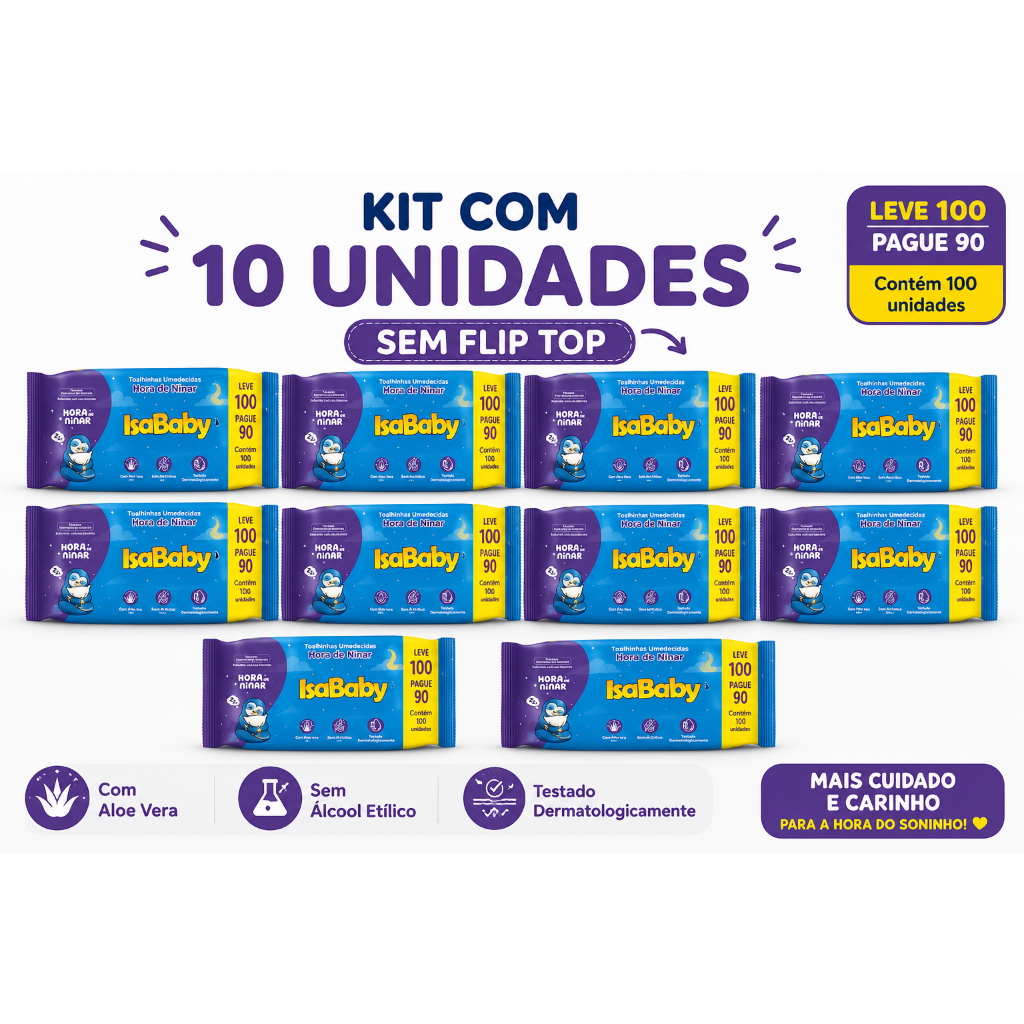 Toalha Umedecida IsaBaby Hora de Ninar lv 100 pg 90  Flip Top Hipoalérgica Sem Álcool