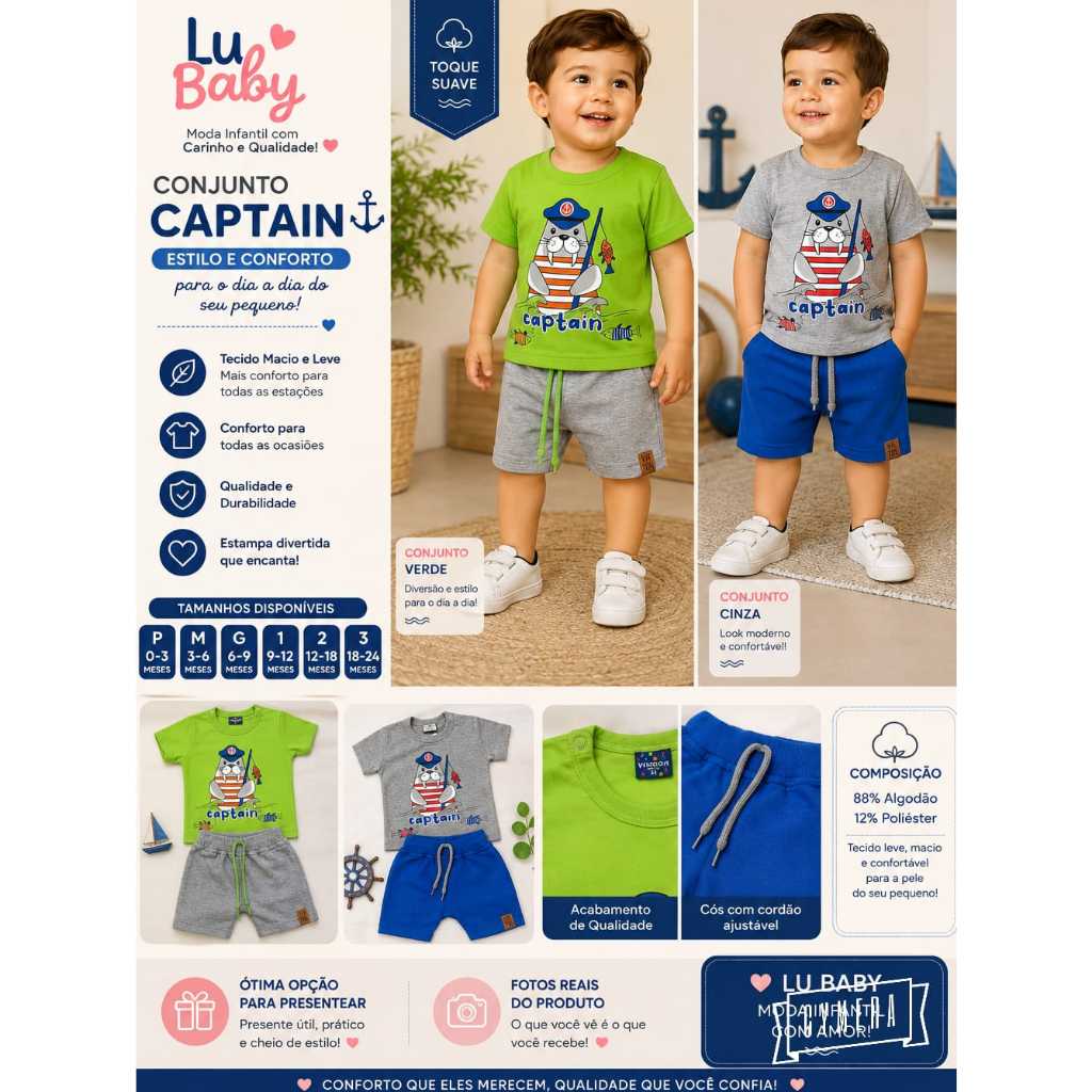 CONJUNTO INFANTIL BEBÊ MENINO CAPTAIN CAMISETA E BERMUDA SARUEL ALGODÃO