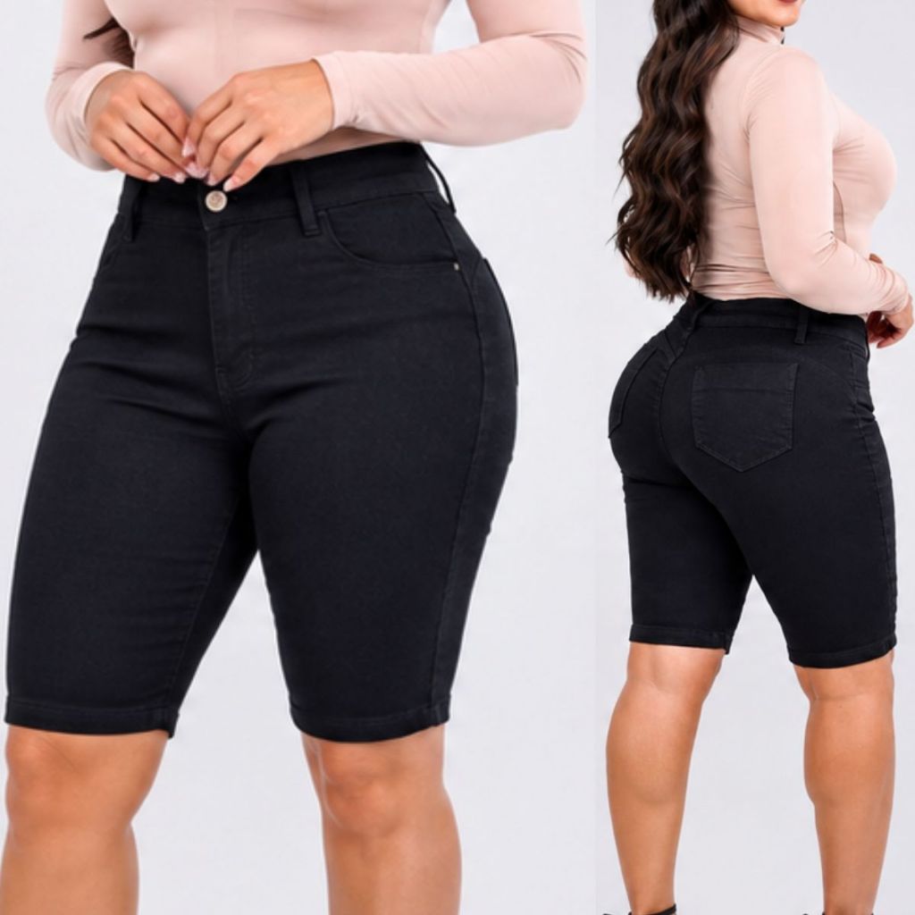 bermuda ciclista feminina cos alto Jeans Preta Cintura Alta com Lycra Empina Bumbum Cos Alto