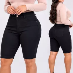 bermuda ciclista feminina cos alto Jeans Preta Cintura Alta com Lycra Empina Bumbum Cos Alto