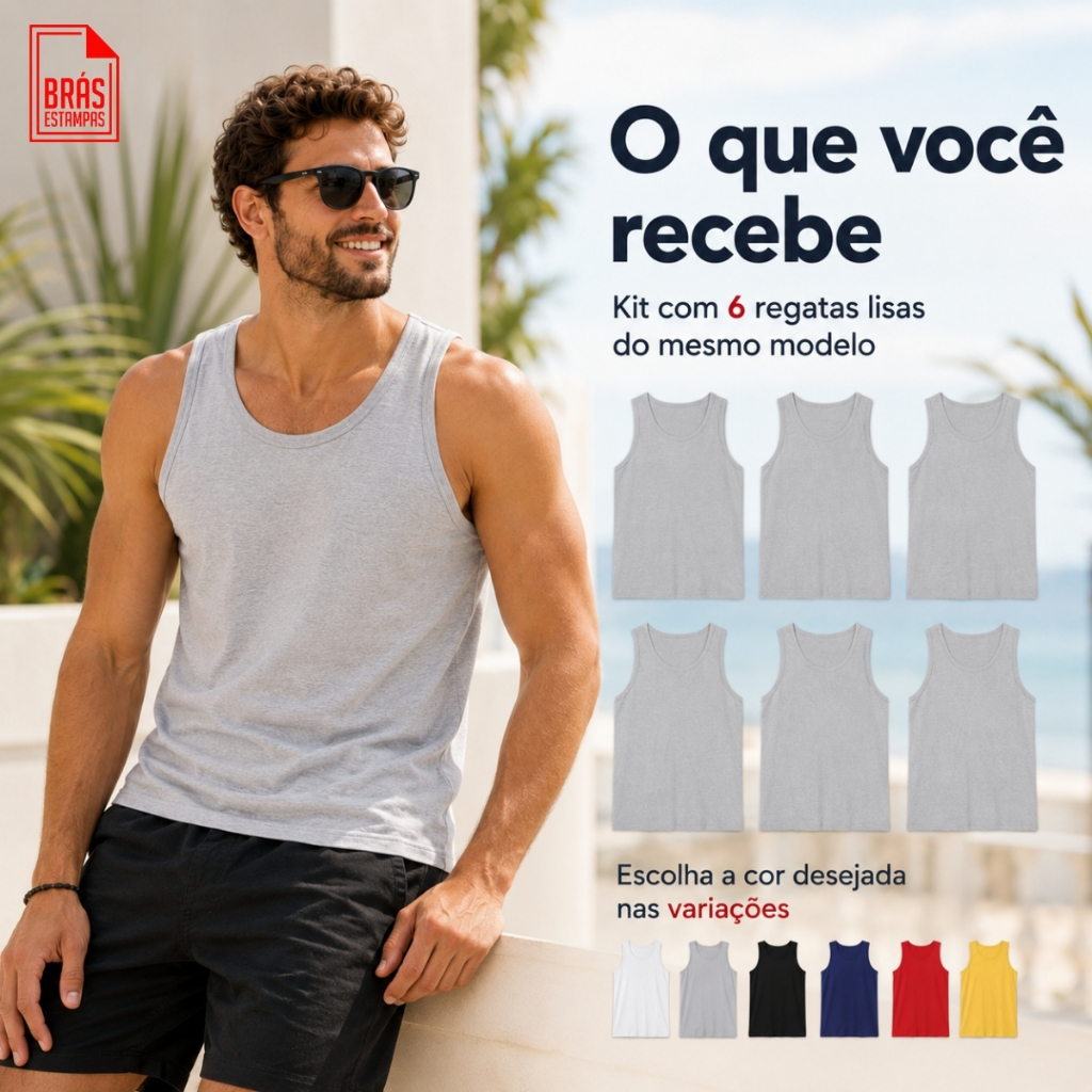 Kit 6 Regatas Masculina Camiseta Lisa Premium Algodão Camisa Casual Verão Conjunto Treino Academia — imagem 2 de 2