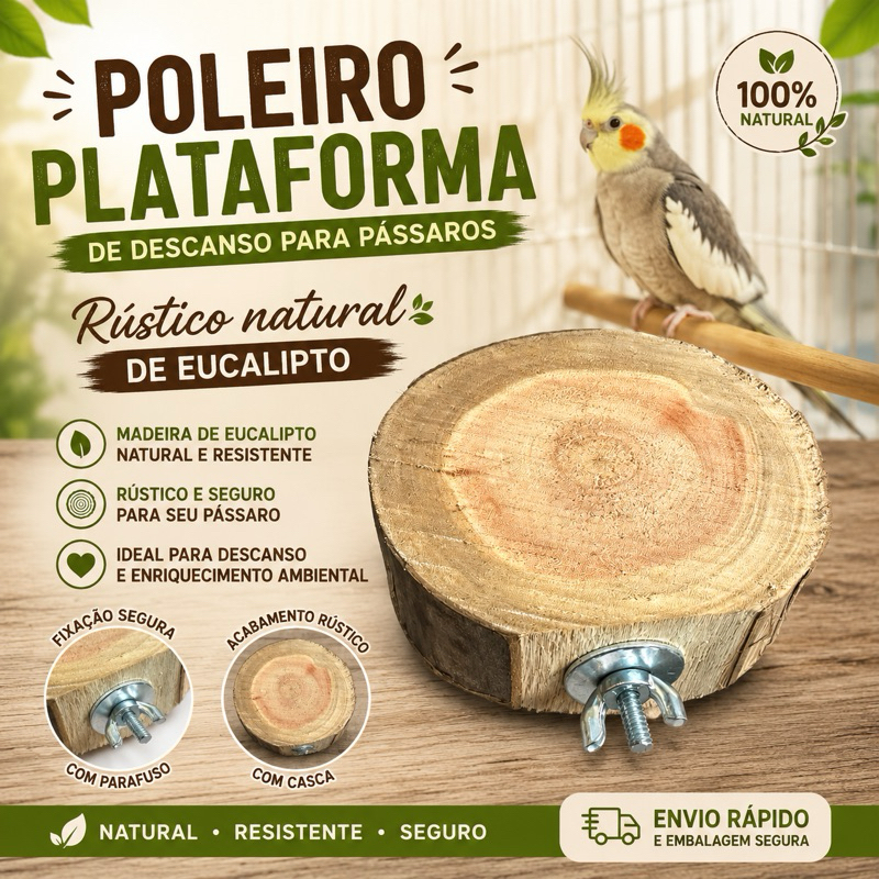 Poleiro plataforma bolacha rustica de descanso para passaros eucalipto natural 10 a 14Cm