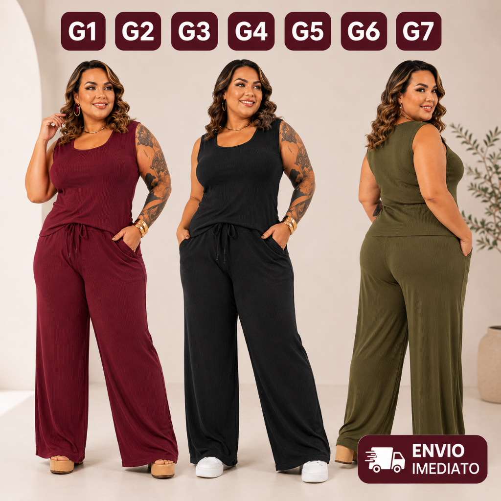 Conjunto Feminino Plus Size G1 ao G7 Canelado Premium Pantalona Cintura Alta Malha Alta Elasticidade