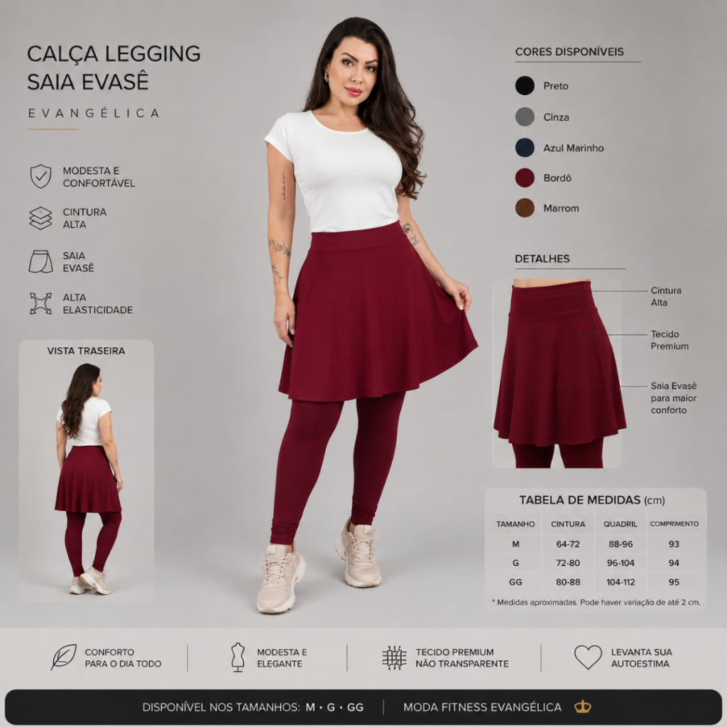 Imagem Calça Legging Saia Evasê Evangelica Academia Fitness Yoga Casual Caminhada