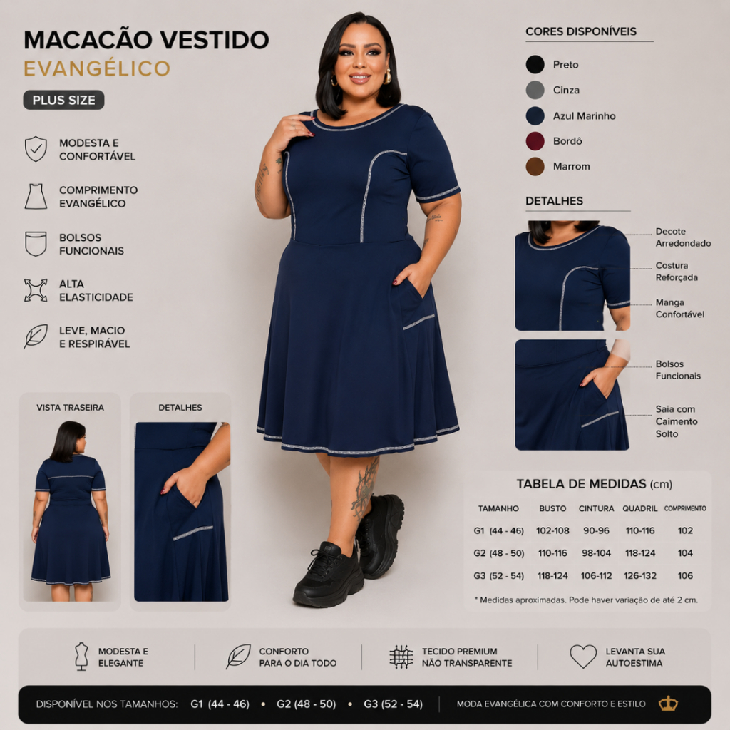 Macacão Vestido Fitness Moda Evangélica Vestido Plus Size Tapa Bumbum Com bolso Modesta